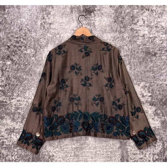 Citron Santa Monica Jacket Large Womens Raw Silk Floral Embroidered Bomber - Picture 3 of 8
